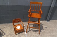 Wood  Potty Chair w Porcelain Pot  & Highchair