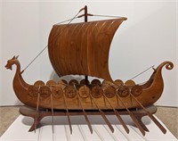 Vtg Folk Art Wooden Viking Ship w/Dragon -Mast