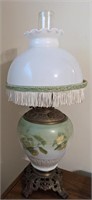 Antique Hand Painted Oil Lamp w/Milk Glass Shade