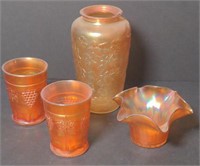 Lot of  Amber Carnival Glass -- Tumblers, Vase,