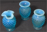 Trio of blue opalescent 4" hobnail vases *times