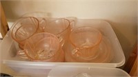 Lot of pink depression glass cups and saucers