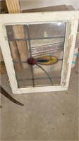 Stain glass piece w hinged wooden frame,