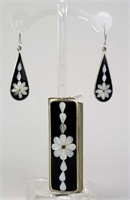 Vtg. Mother of Pearl Inlay Earrings & Lighter Case