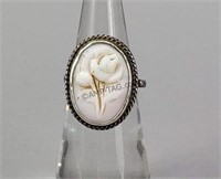 Vtg. Native American Silver Rose Carved Coral Ring