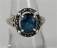 Sterling Silver Marcasite & Blue Crystal Ring