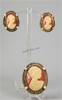 Vintage Shell Look Cameo Brooch & Earring Set