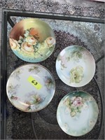 4 antique 9" hand painted plates