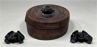 Folk Art Carved Frog & Woven Sewing Basket