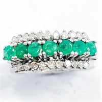 Emerald & Diamond 18k White Gold Band Ring