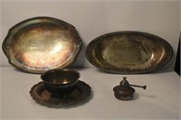 Silver Plated Platters, Bowl, & Oil Lamp