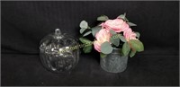 Glass Cookie Jar, Faux Flowers in Galvanized Pail