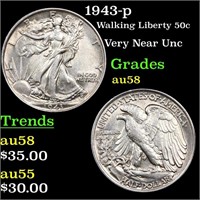 1943-p Walking Liberty 50c Grades Choice AU/BU Sli