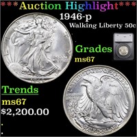 *Highlight* 1946-p Walking Liberty 50c Graded ms67