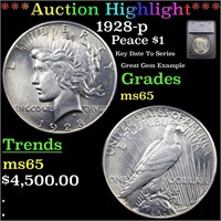 *Highlight* 1928-p Peace $1 Graded ms65