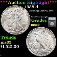 *Highlight* 1938-d Walking Liberty 50c Graded ms65
