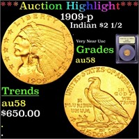*Highlight* 1909-p Indian $2 1/2 Graded Choice AU/