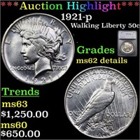 *Highlight* 1921-p Walking Liberty 50c Graded ms62