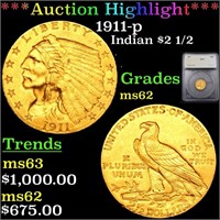 *Highlight* 1911-p Indian $2 1/2 Graded ms62