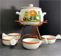 Vintage Ceramic Fondue Set Floral Orange Green
