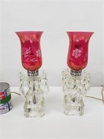Duo de lampe en verre taillé rose et blanc