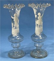 Pair of Mary Gregory Clear Ruffled 7" Bud Vases