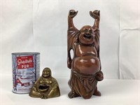 2 statuettes bouddha rieur (laiton & bois)