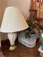27 Inch Table Lamp, Knitting Basket, Silk Flowers
