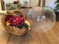 Glass Rose Bowl, Plastic Fruit With Wooden Basket