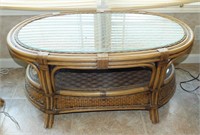 WICKER AND RATTAN COFFEE TABLE W/ GLASS TOP