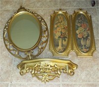 OVAL MIRROR, SHELF, 2 PICTURES