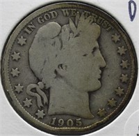 1905 Barber Silver Half Dollar. Rim Damage.