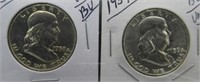 (2) UNC/BU Franklin Half Dollars. Dates: 1958-D,