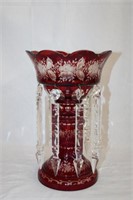 Victorian ruby glass cut to clear decor 12"H
