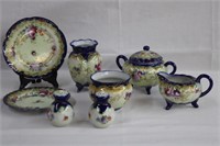 Hand-painted footed creamer, covered sugar and