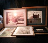 Five framed prints, two prints are from the