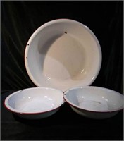 3 enamelware dish tubs, trimmed in red, one