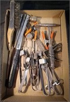 Assorted tools, wire brush, metal hinged
