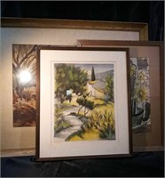 Brown and yellow/gold-toned framed art, two are