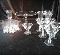 Candlewick pedestal cake plate, 7 juice glasses,