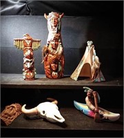 Native American style items in ceramics, totems,