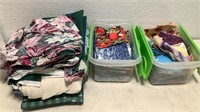 Two Small Plastic Totes & Misc Fabric