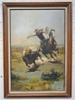 Framed Oil Painting: Cowboy Roping -Signed H.Jason