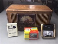Antique radio and 3 antique cameras