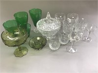 Assorted green vintage Glassware and tin