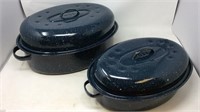 Two graniteware roasting pans