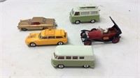 Five vintage toy cars