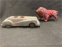Vtg. Lion Red Painted Penny Bank & Hubley Car