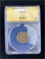 1863 Indian Head Cent, ANACS AU-50, Nice