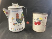 Vtg. Rooster Decorated Coffee Pot & Vtg. Flour